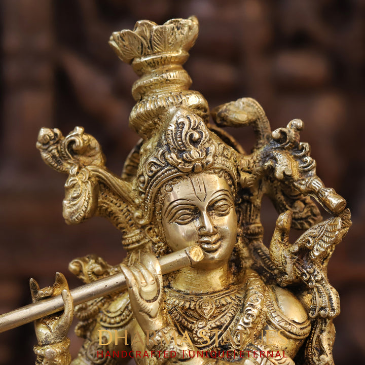 Brass Krishna Idol, Playing Flute on Lotus Pedastal, Fine Golden work, 14"