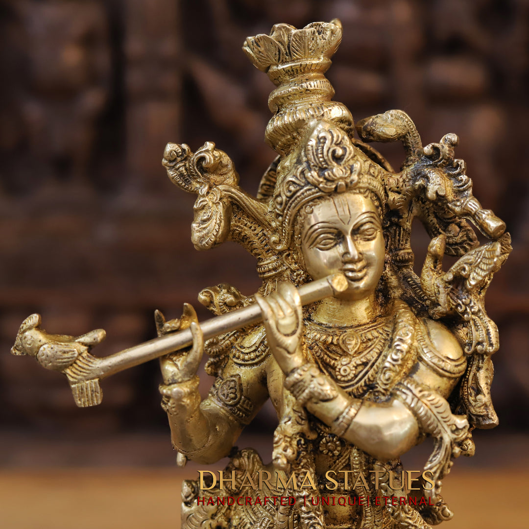 Brass Krishna Idol, Playing Flute on Lotus Pedastal, Fine Golden work, 14"