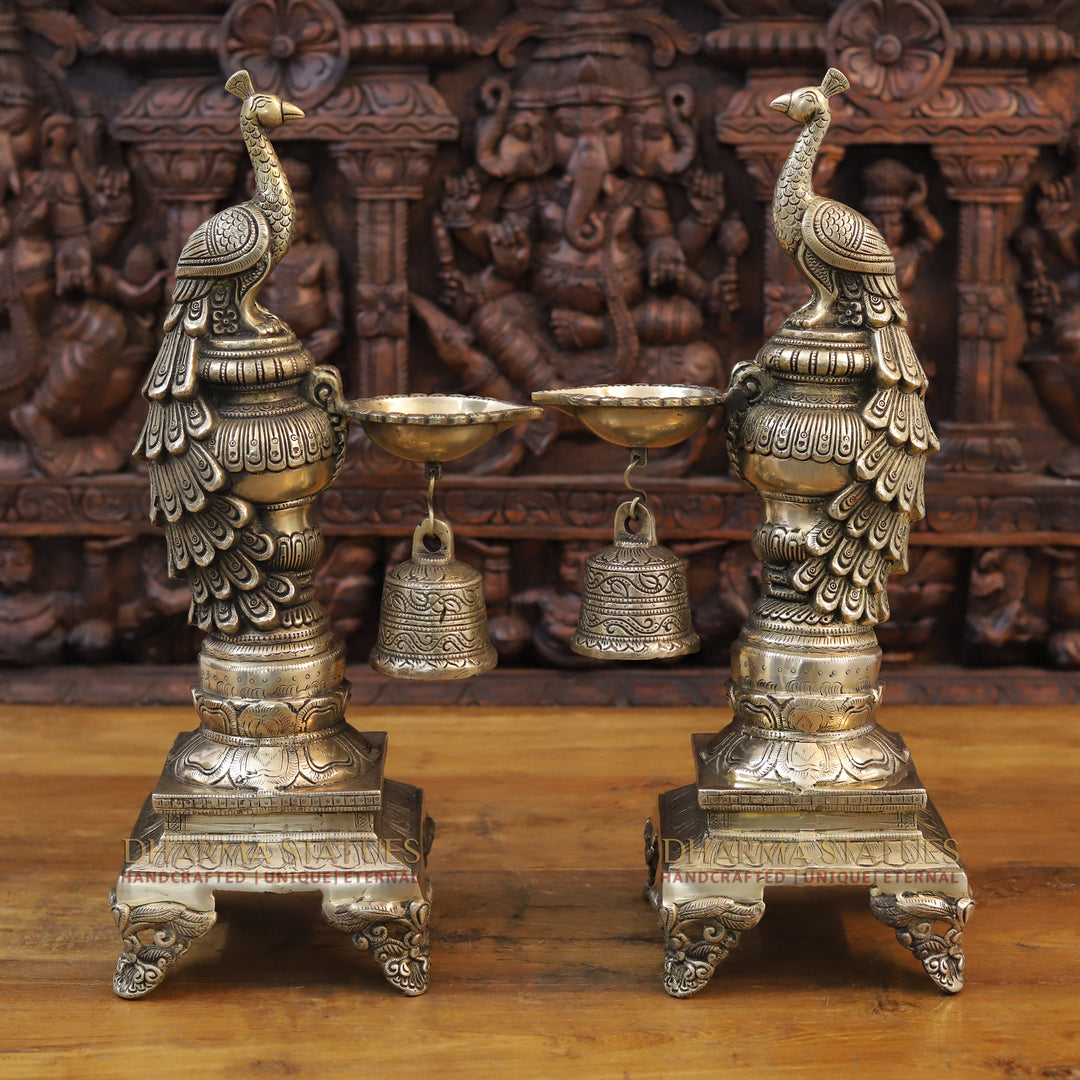 Brass Peacock Diya, Fine Golden Finish 20"