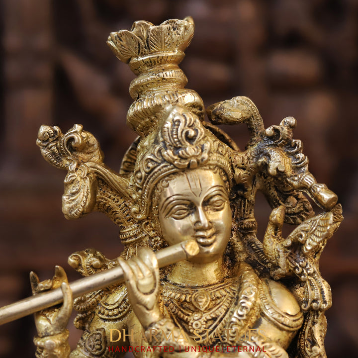 Brass Radha Krishna Idol, Standing on Lotus Pedastal, Fine Golden Finish 14"