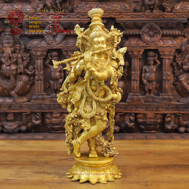 Brass Lord Krishna Idol, Playing Flute, Fine Golden Finish 24.5"