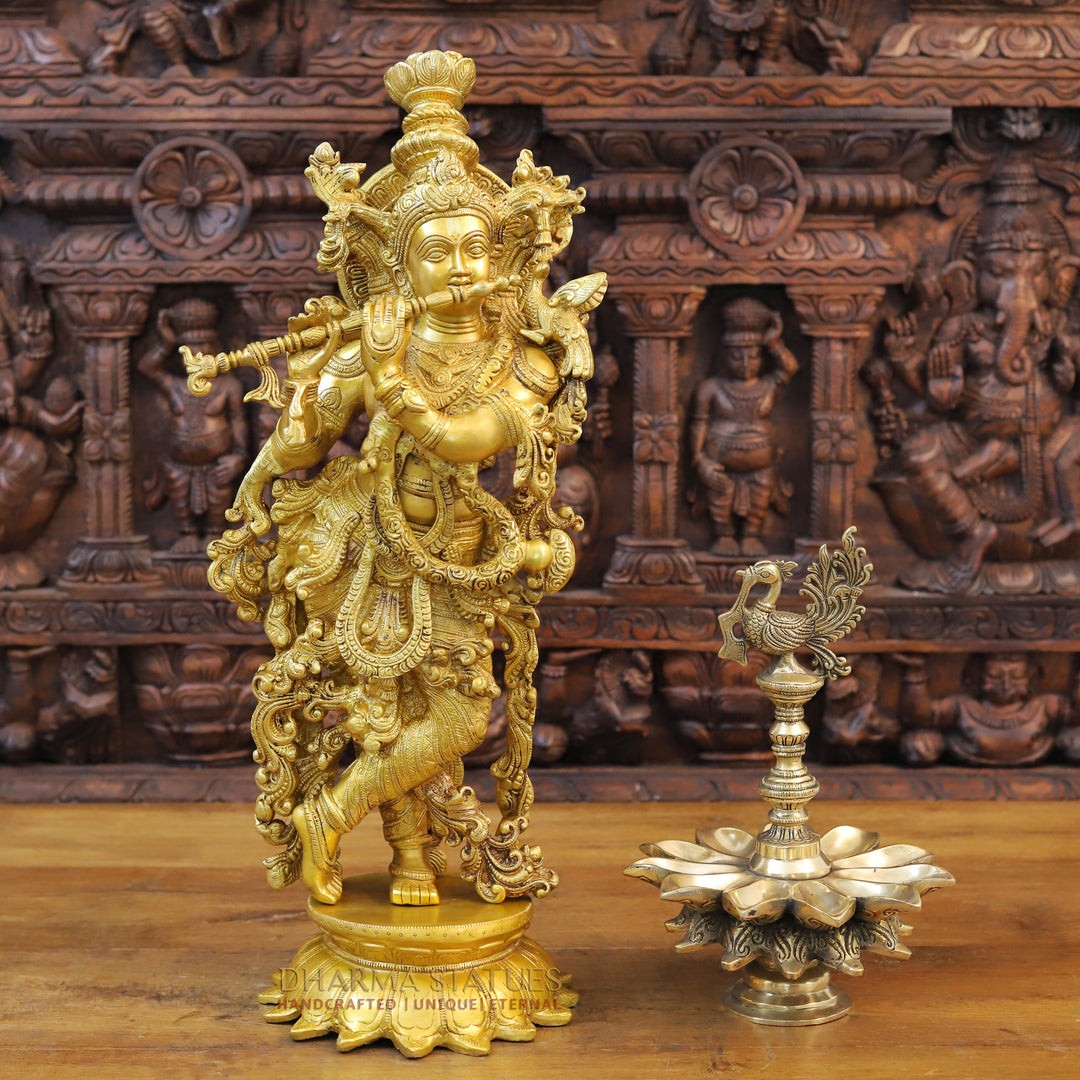 Brass Lord Krishna Idol, Playing Flute, Fine Golden Finish 24.5"