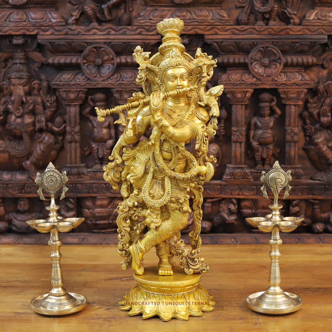 Brass Lord Krishna Idol, Playing Flute, Fine Golden Finish 24.5"