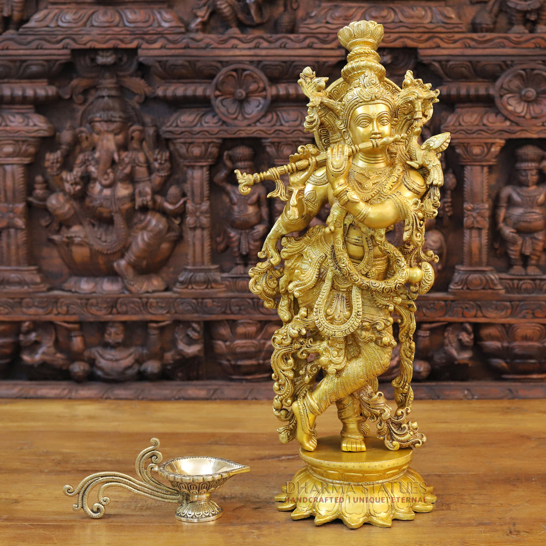 Brass Lord Krishna Idol, Playing Flute, Fine Golden Finish 24.5"