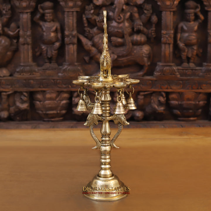 Brass Peacock Diya, with Bells, Fine Golden Finish 16.5"