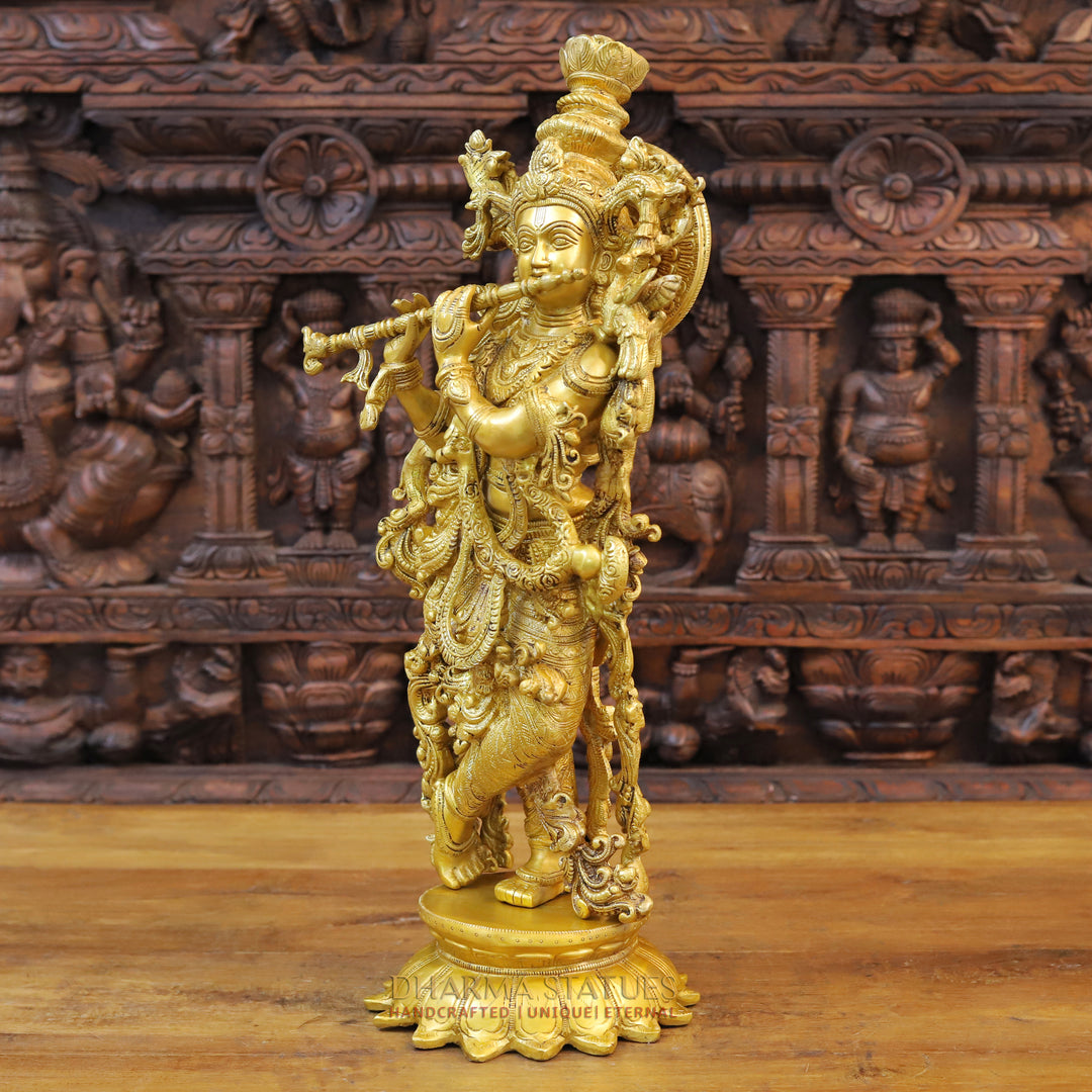 Brass Lord Krishna Idol, Playing Flute, Fine Golden Finish 24.5"