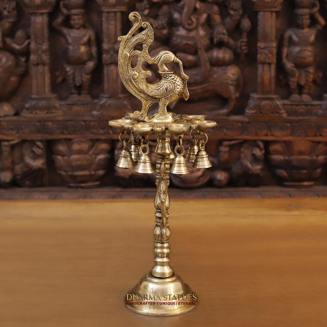 Brass Peacock Diya, with Bells, Fine Golden Finish 16.5"