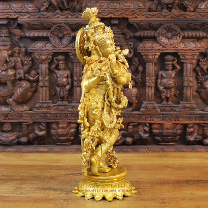 Brass Lord Krishna Idol, Playing Flute, Fine Golden Finish 24.5"