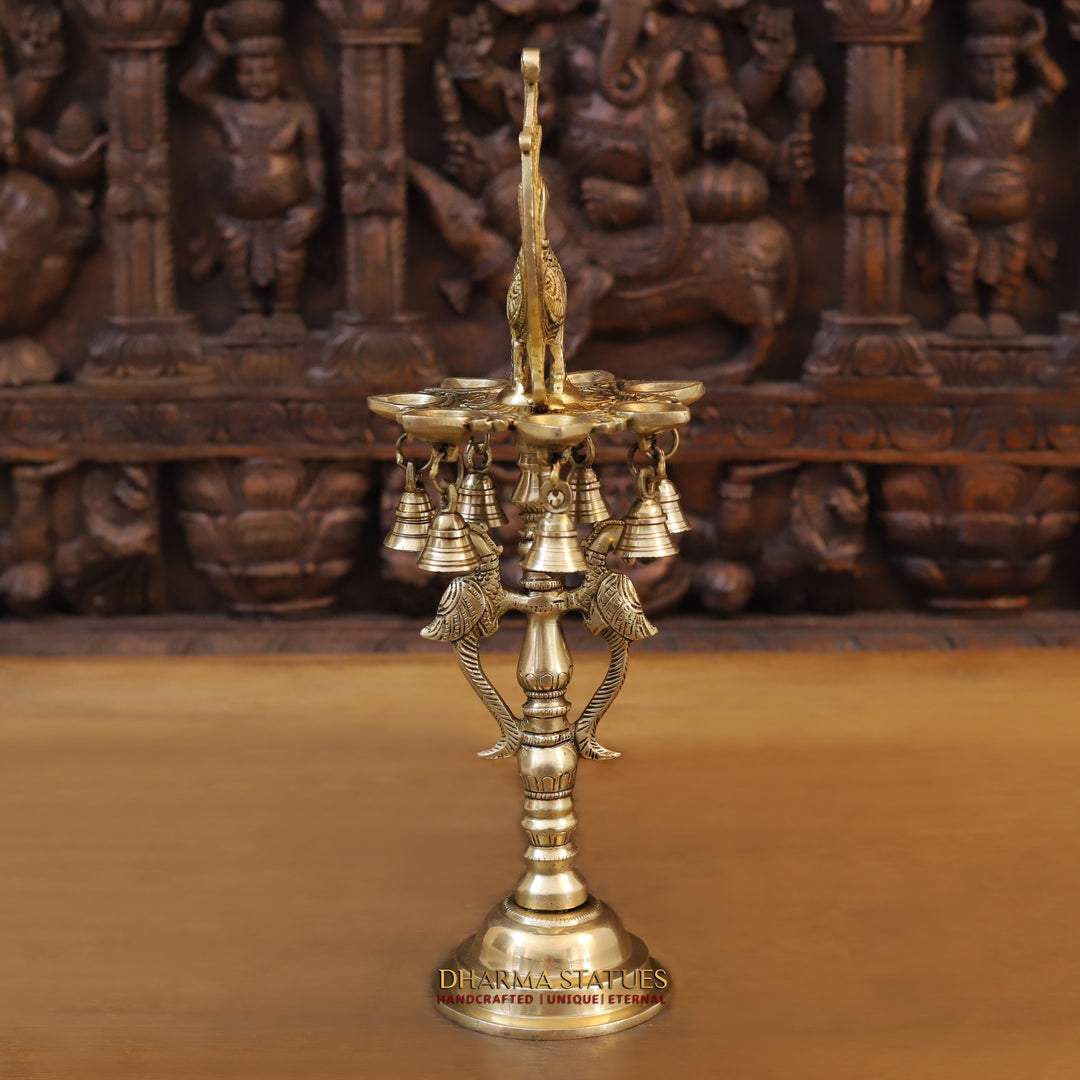 Brass Peacock Diya, with Bells, Fine Golden Finish 16.5"