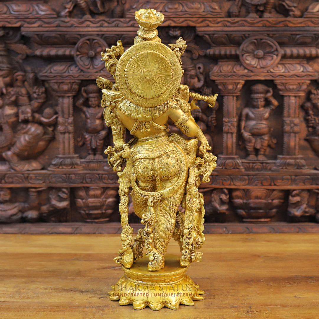 Brass Lord Krishna Idol, Playing Flute, Fine Golden Finish 24.5"