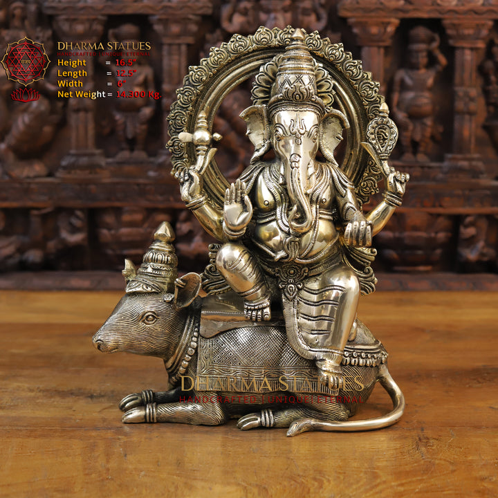 Brass Ganesh Seated on Rat, Smooth Finish 16.5"