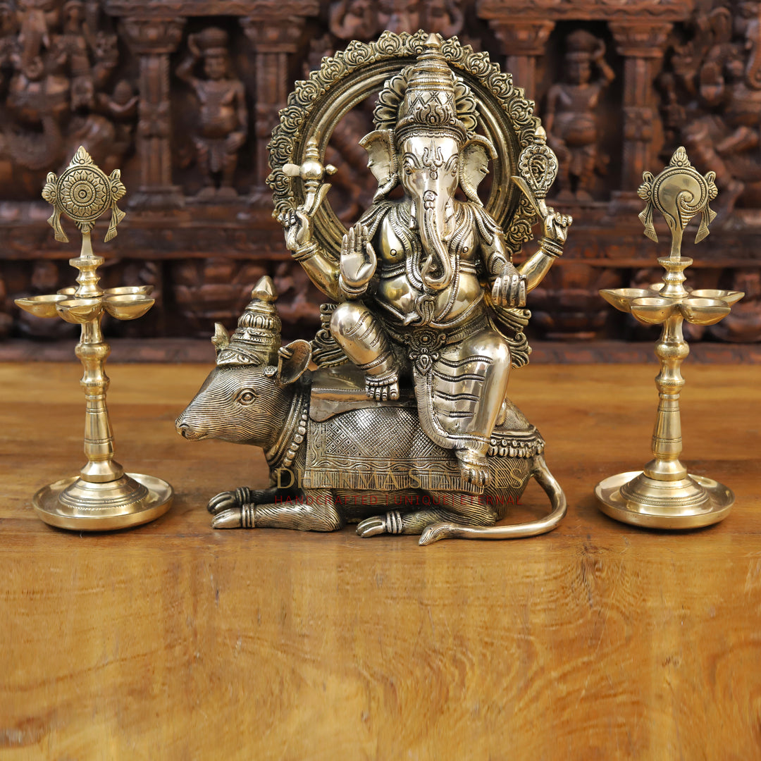 Brass Ganesh Seated on Rat, Smooth Finish 16.5"