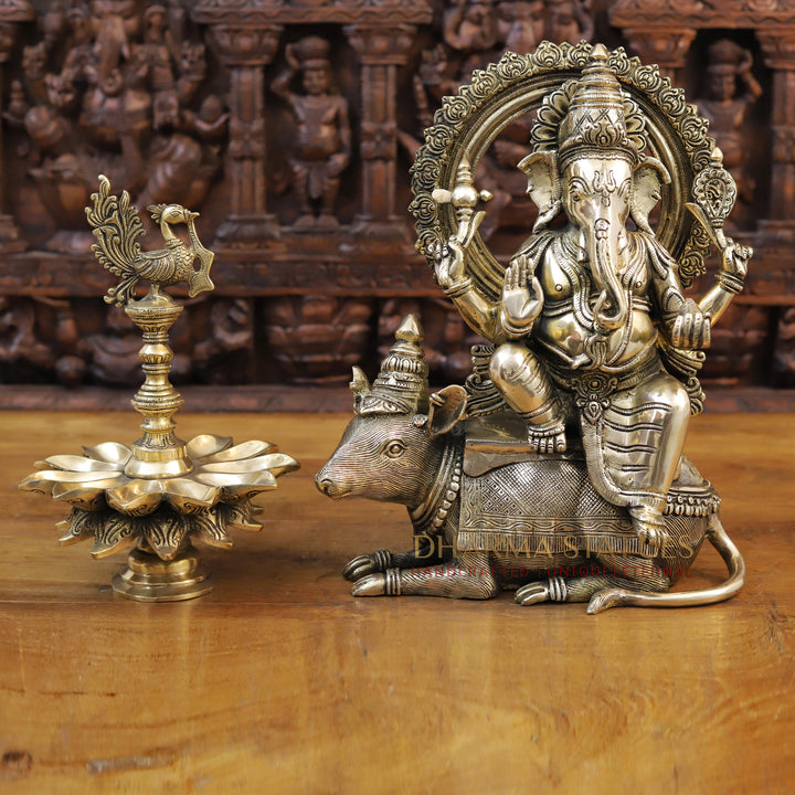 Brass Ganesh Seated on Rat, Smooth Finish 16.5"