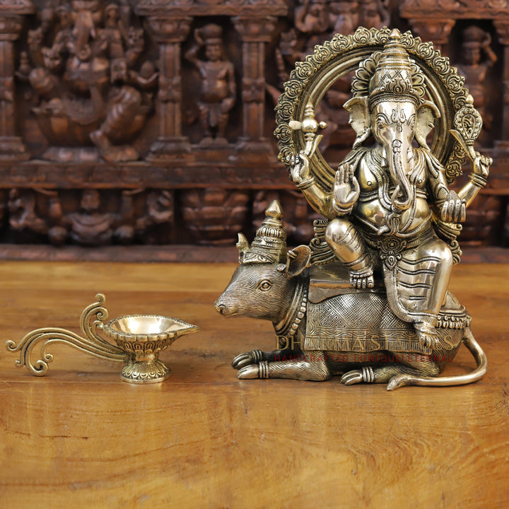 Brass Ganesh Seated on Rat, Smooth Finish 16.5"