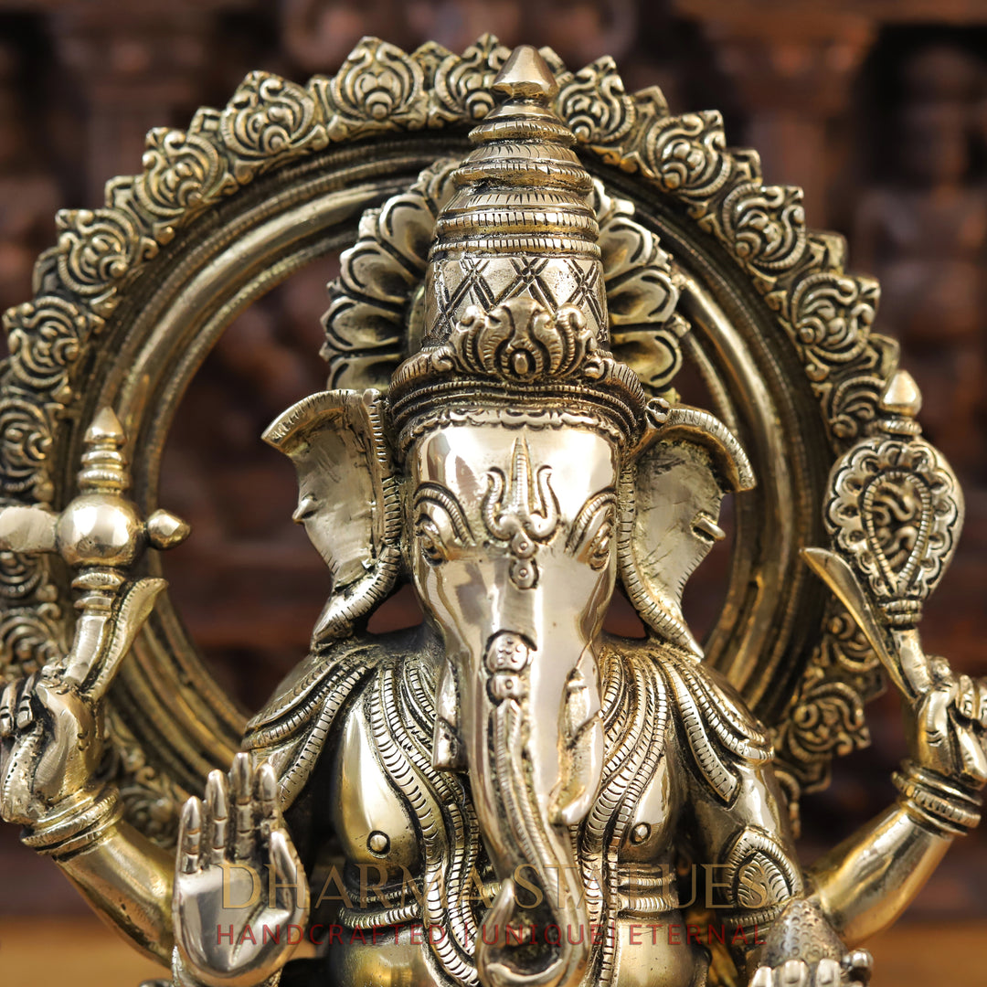 Brass Ganesh Seated on Rat, Smooth Finish 16.5"