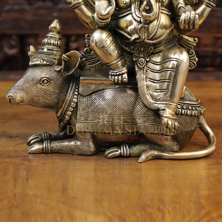 Brass Ganesh Seated on Rat, Smooth Finish 16.5"