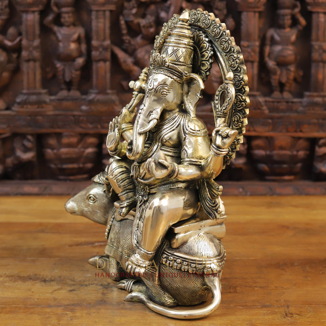 Brass Ganesh Seated on Rat, Smooth Finish 16.5"