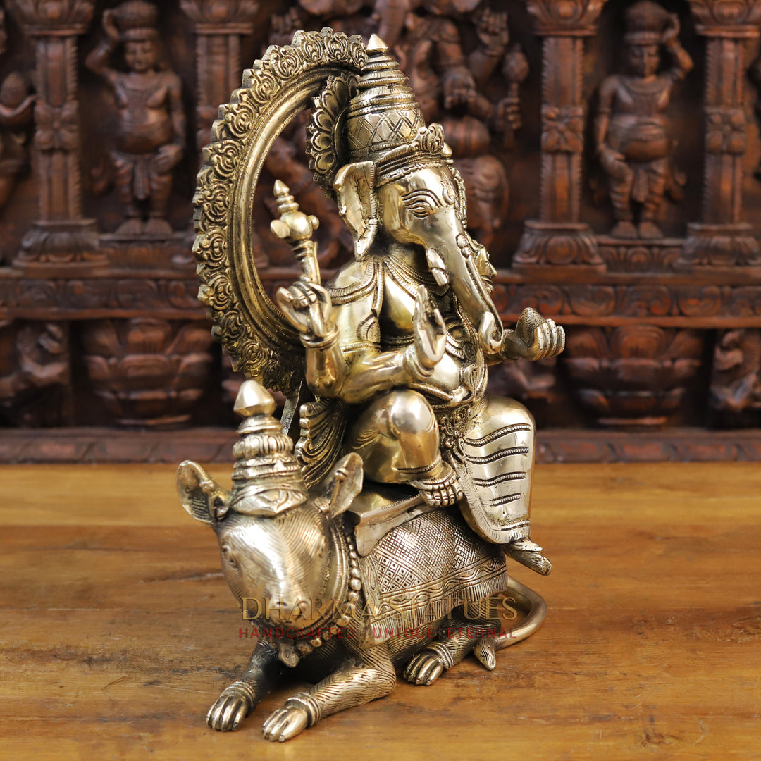 Brass Ganesh Seated on Rat, Smooth Finish 16.5"