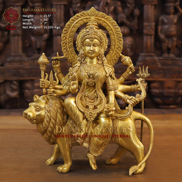 Brass Durga Idol Mounted on a Lion, Traditional Indian Art, Golden Finish, 21.5"