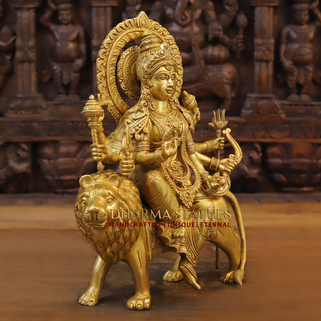 Brass Durga Idol Mounted on a Lion, Traditional Indian Art, Golden Finish, 21.5"