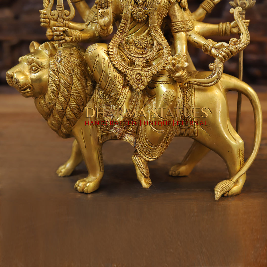 Brass Durga Idol Mounted on a Lion, Traditional Indian Art, Golden Finish, 21.5"