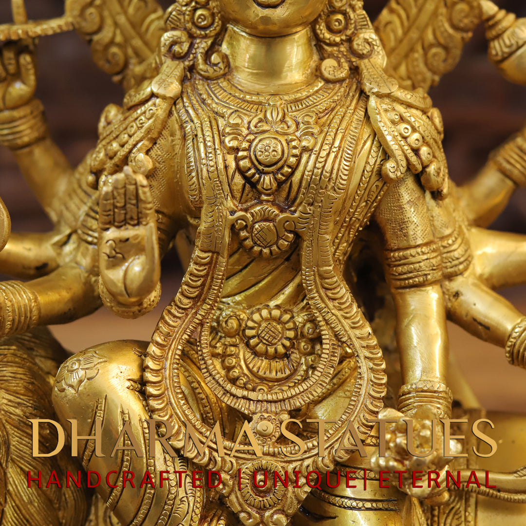 Brass Durga Idol Mounted on a Lion, Traditional Indian Art, Golden Finish, 21.5"