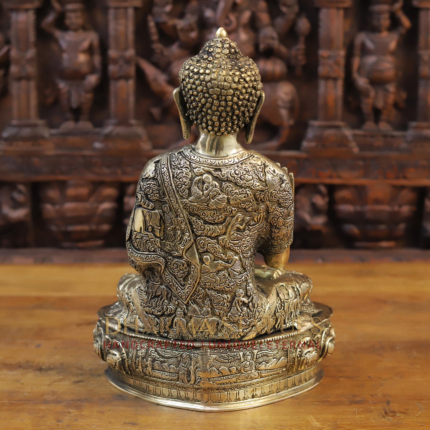 Brass Buddha Statue, Seated on a Lotus Base, Fine Golden Finish 14.5"