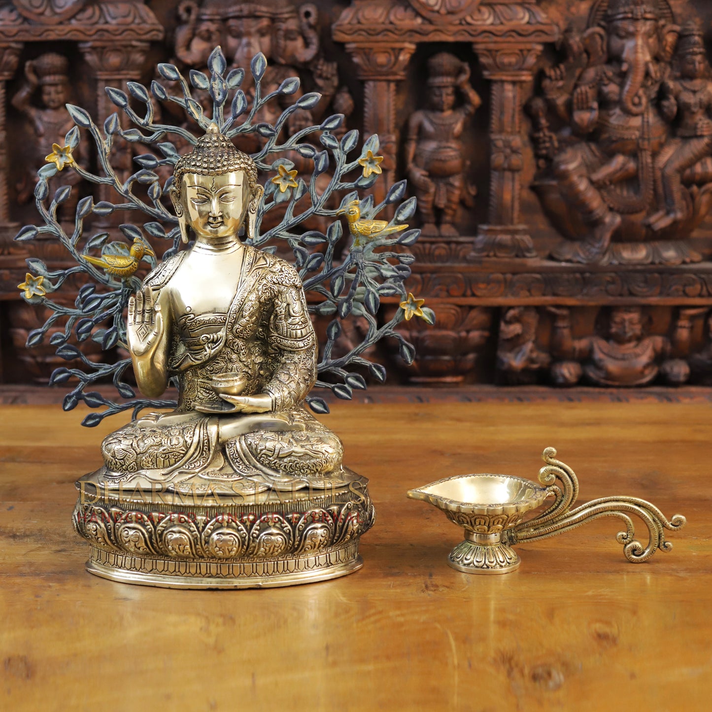 Brass Buddha Statue, Seated on a Lotus Base, Fine Golden Finish 14.5"