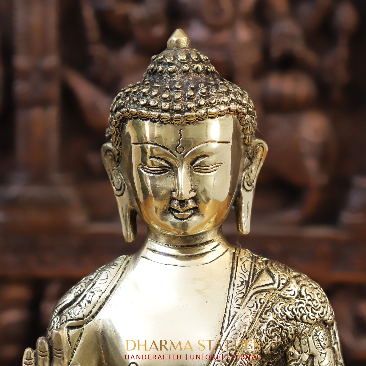 Brass Buddha Statue, Seated on a Lotus Base, Fine Golden Finish 14.5"