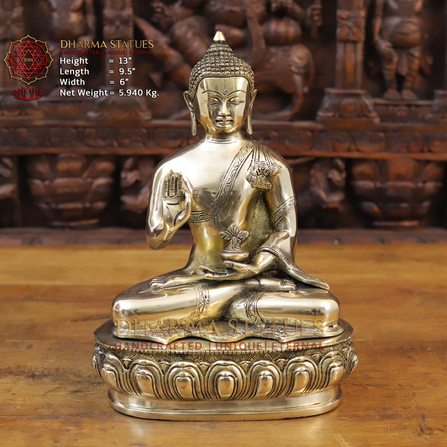 Brass Buddha Idol, Seated on a Lotus, Fine Golden Finish 13"
