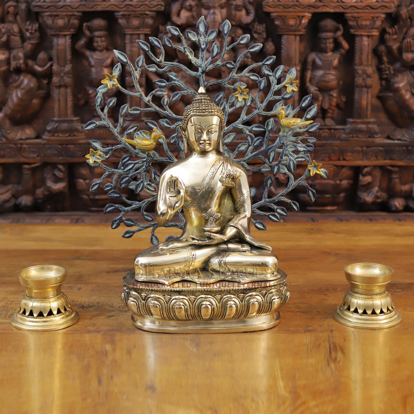 Brass Buddha Idol, Seated on a Lotus, Fine Golden Finish 13"