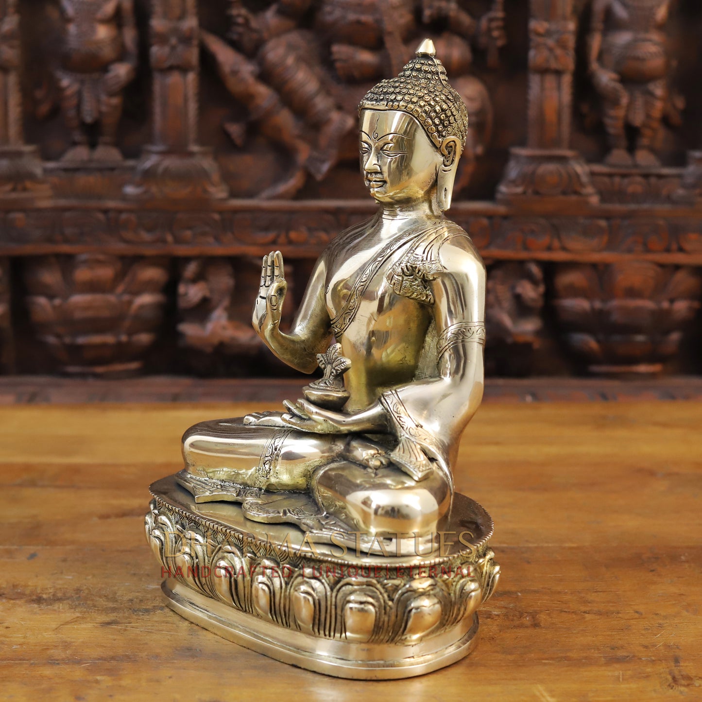 Brass Buddha Idol, Seated on a Lotus, Fine Golden Finish 13"