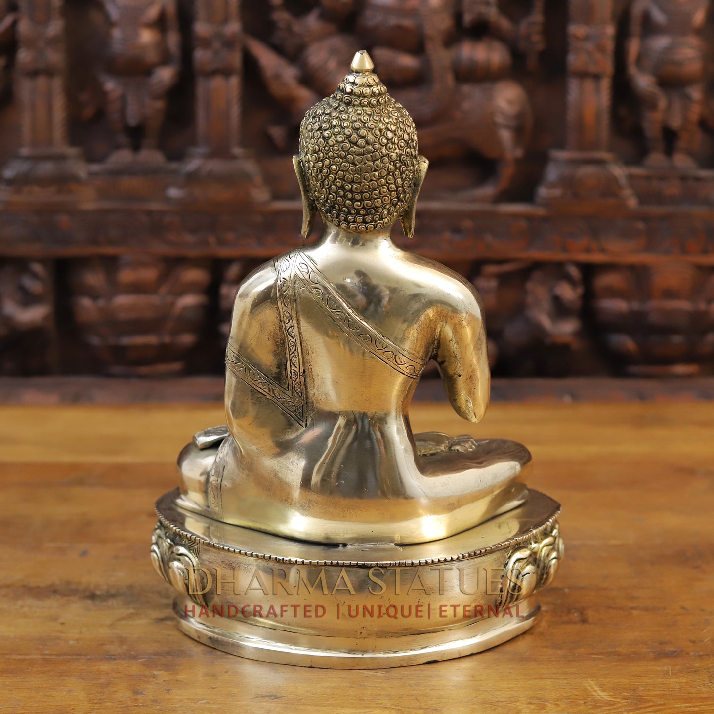 Brass Buddha Idol, Seated on a Lotus, Fine Golden Finish 13"