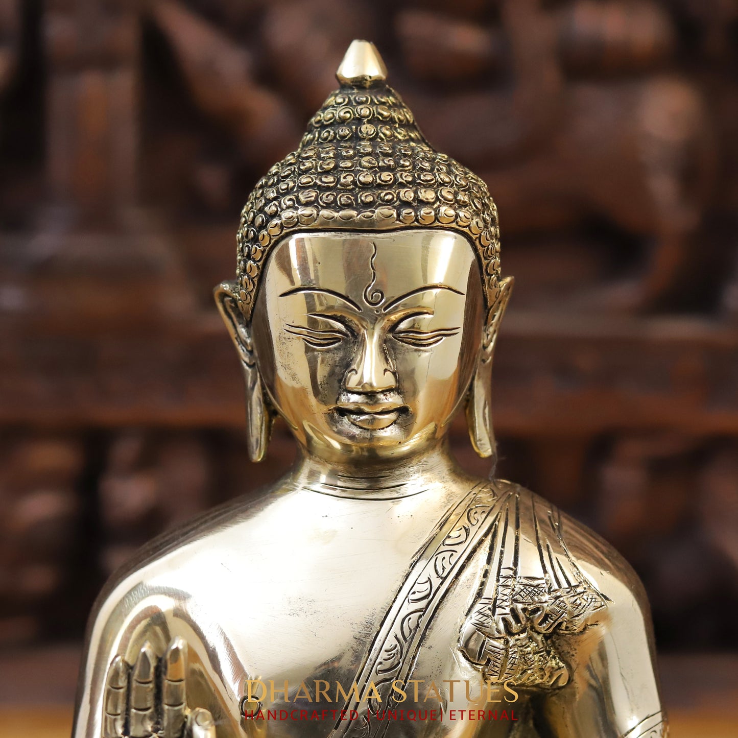 Brass Buddha Idol, Seated on a Lotus, Fine Golden Finish 13"