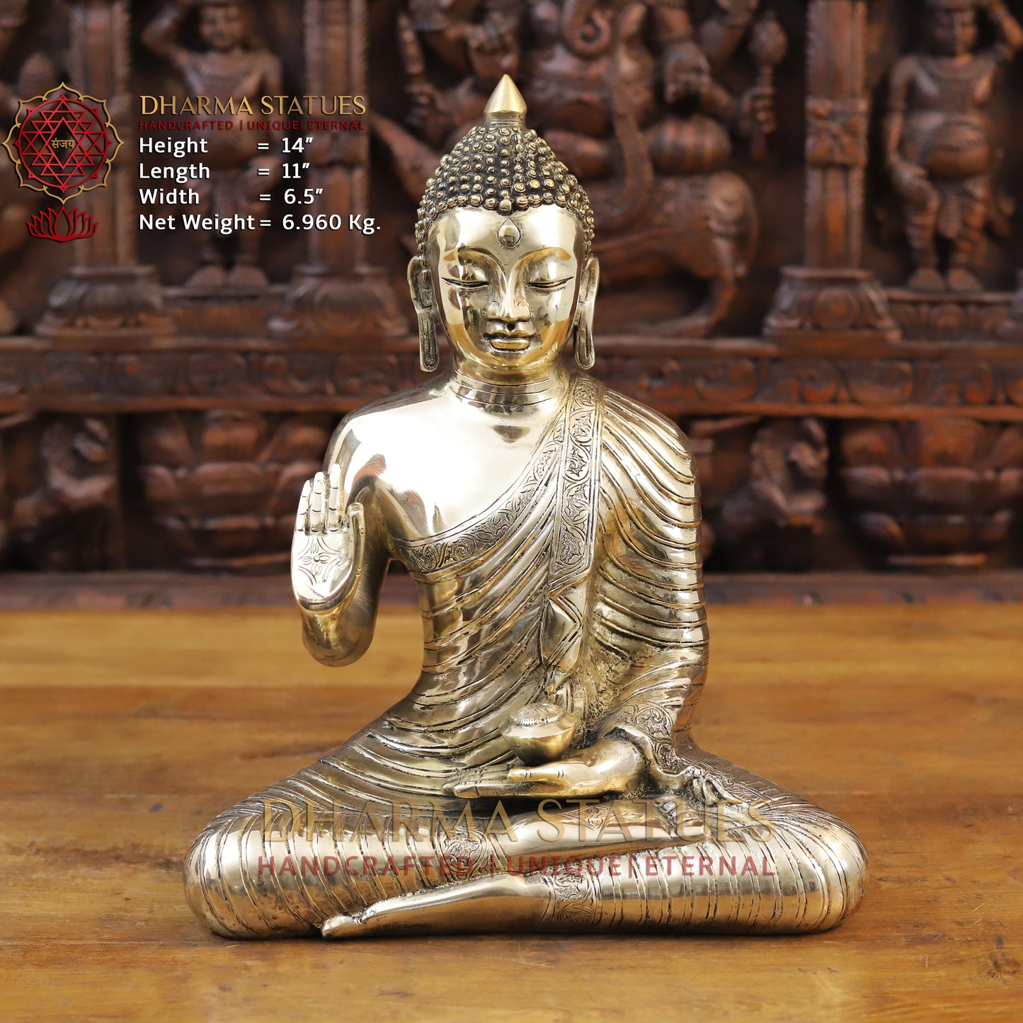 Brass Buddha Statue, Medicine Buddha, Fine Golden Finish 14"
