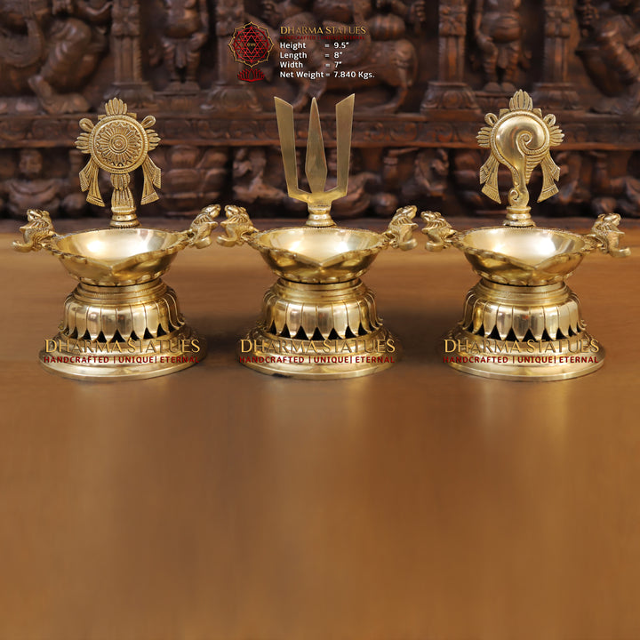 Brass Lotus Shankhya Chakra Vishnu Lamps, Set of Three, Fine Golden Finish 9.5"