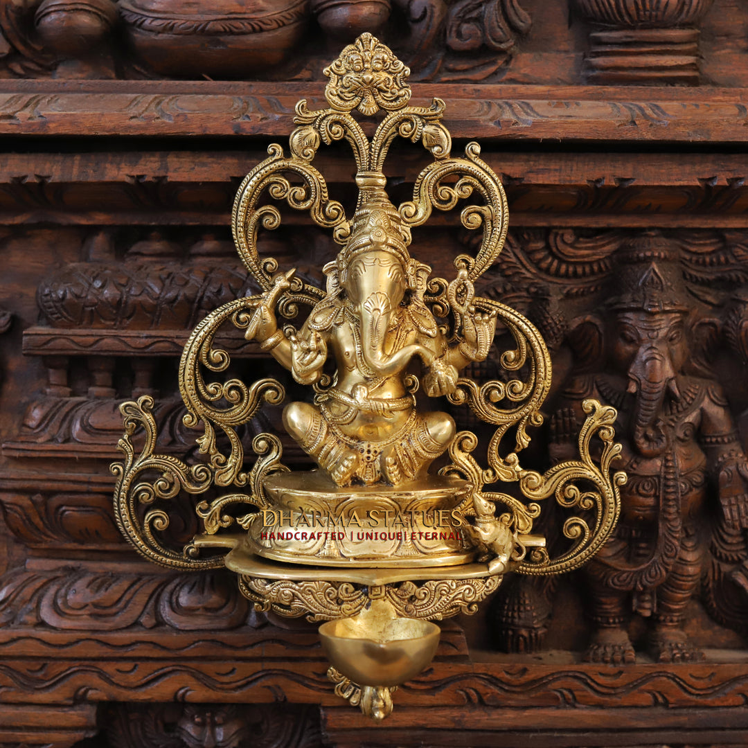 Brass Blessing Ganesh Wall Hanging Diya, Fine Golden Finish 14"