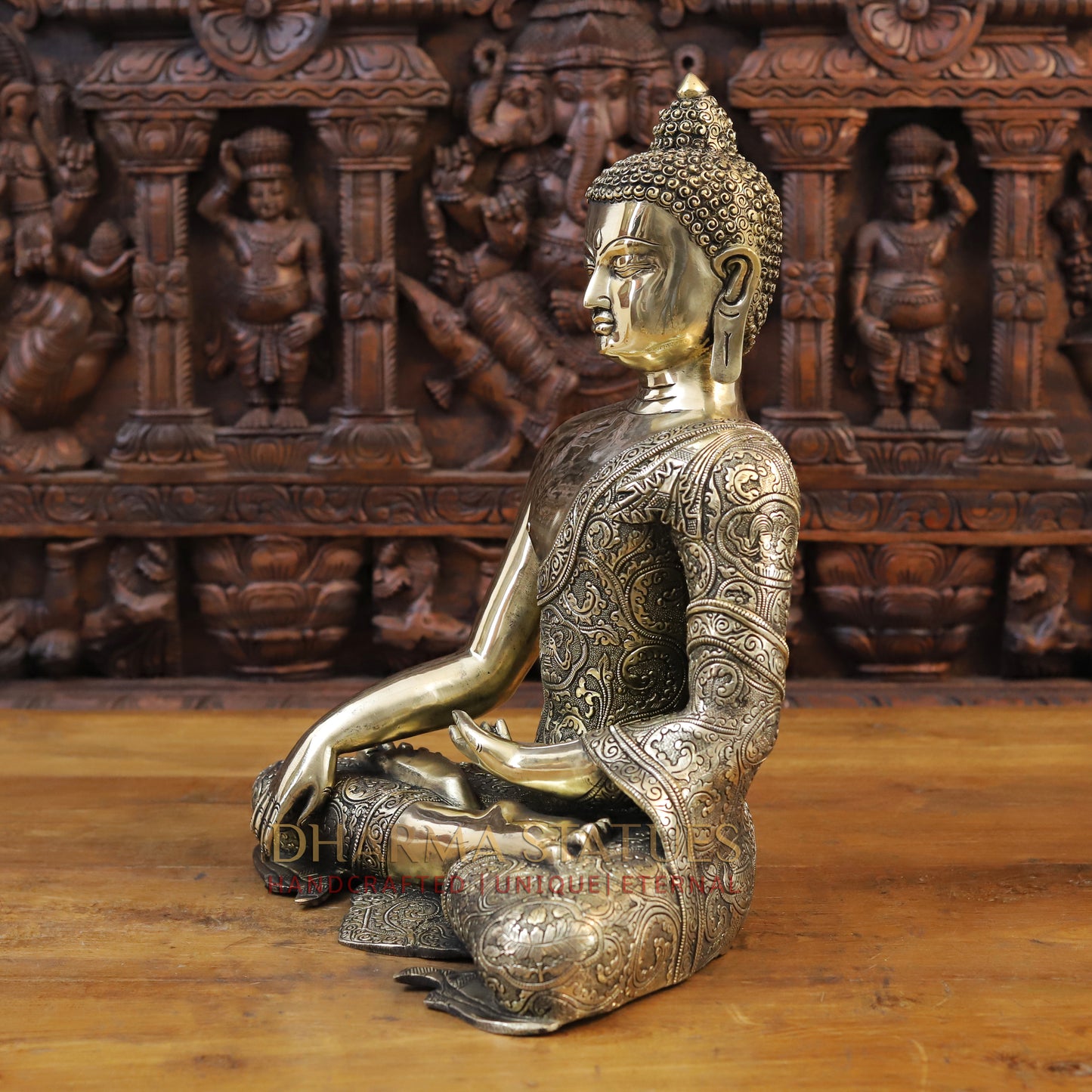 Brass Buddha Statue, Fine Golden work 18"