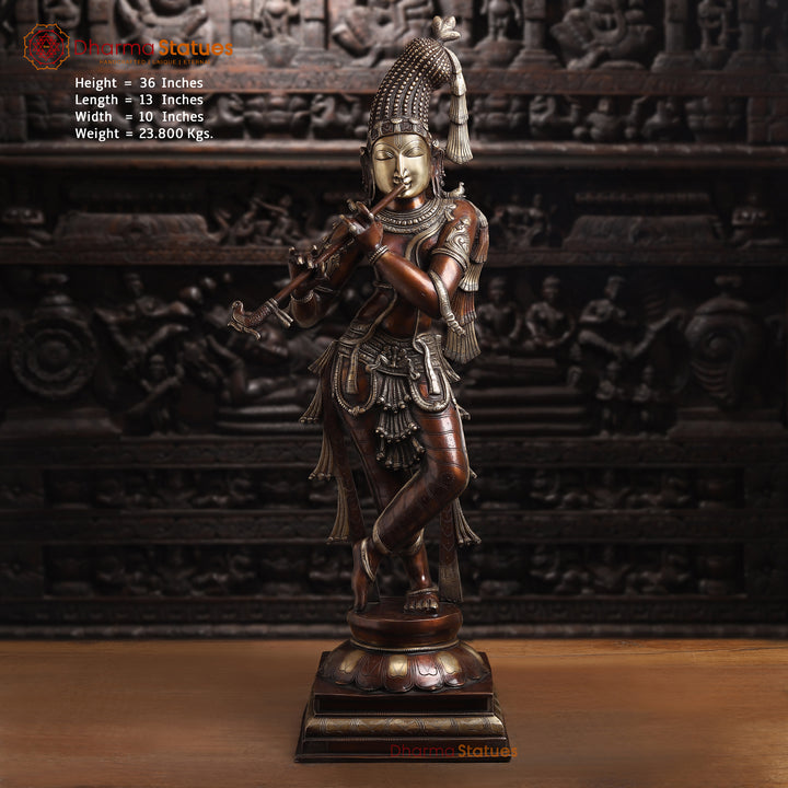 Brass Krishna, Standing, Rich Copper Finish, 36" Front View