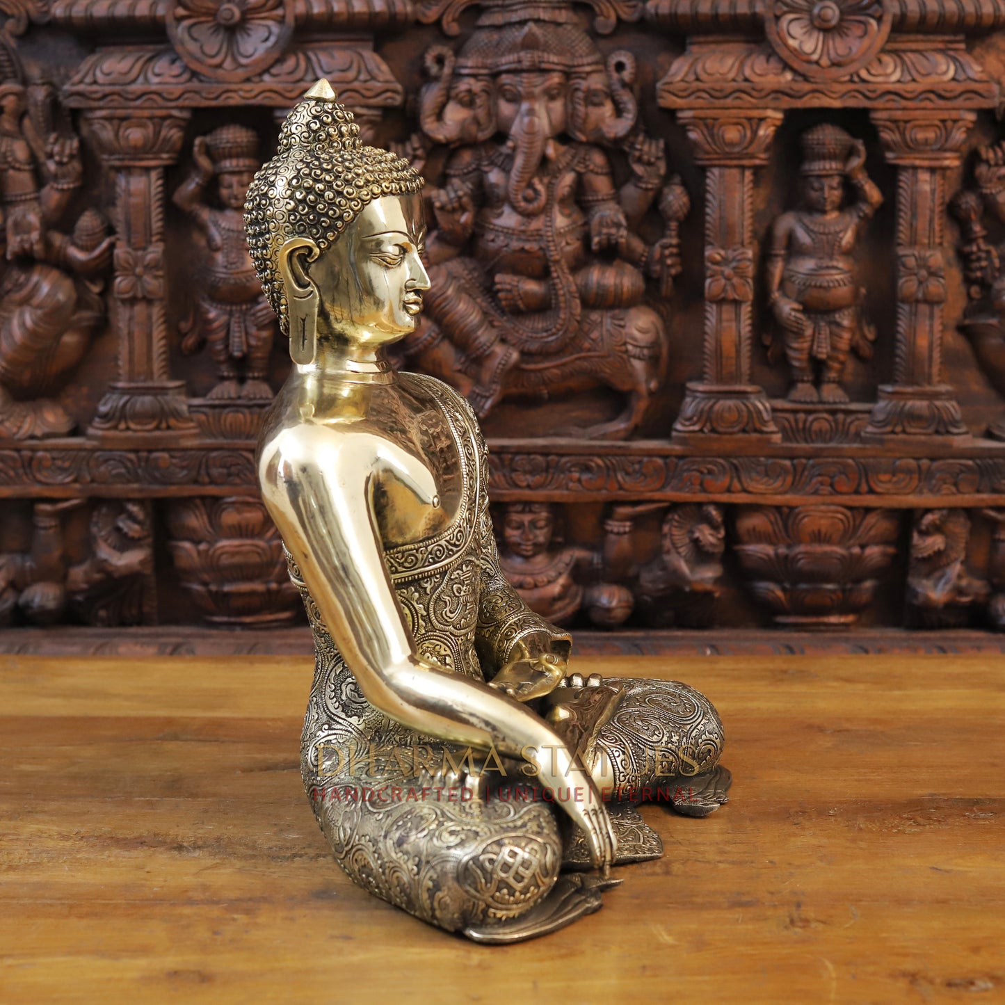 Brass Buddha Statue, Fine Golden work 18"