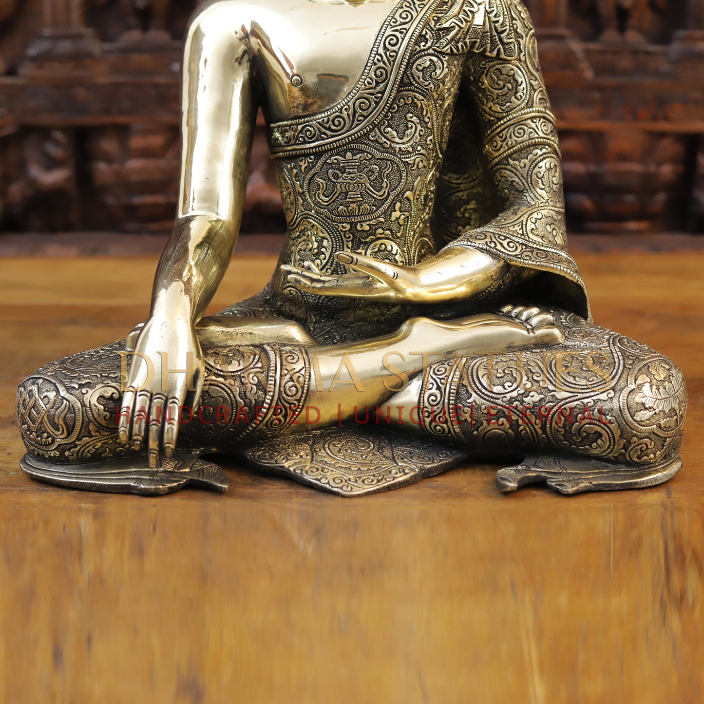 Brass Buddha Statue, Fine Golden work 18"