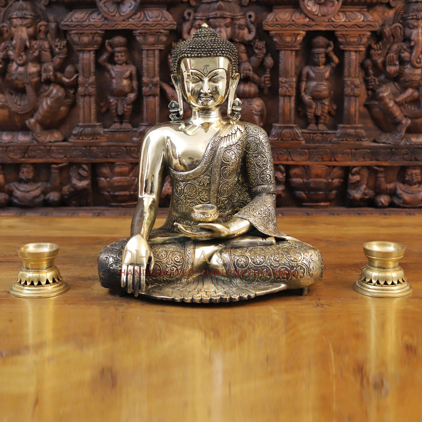 Brass Kundal Buddha Statue, Fine Golden Finish 17.5"