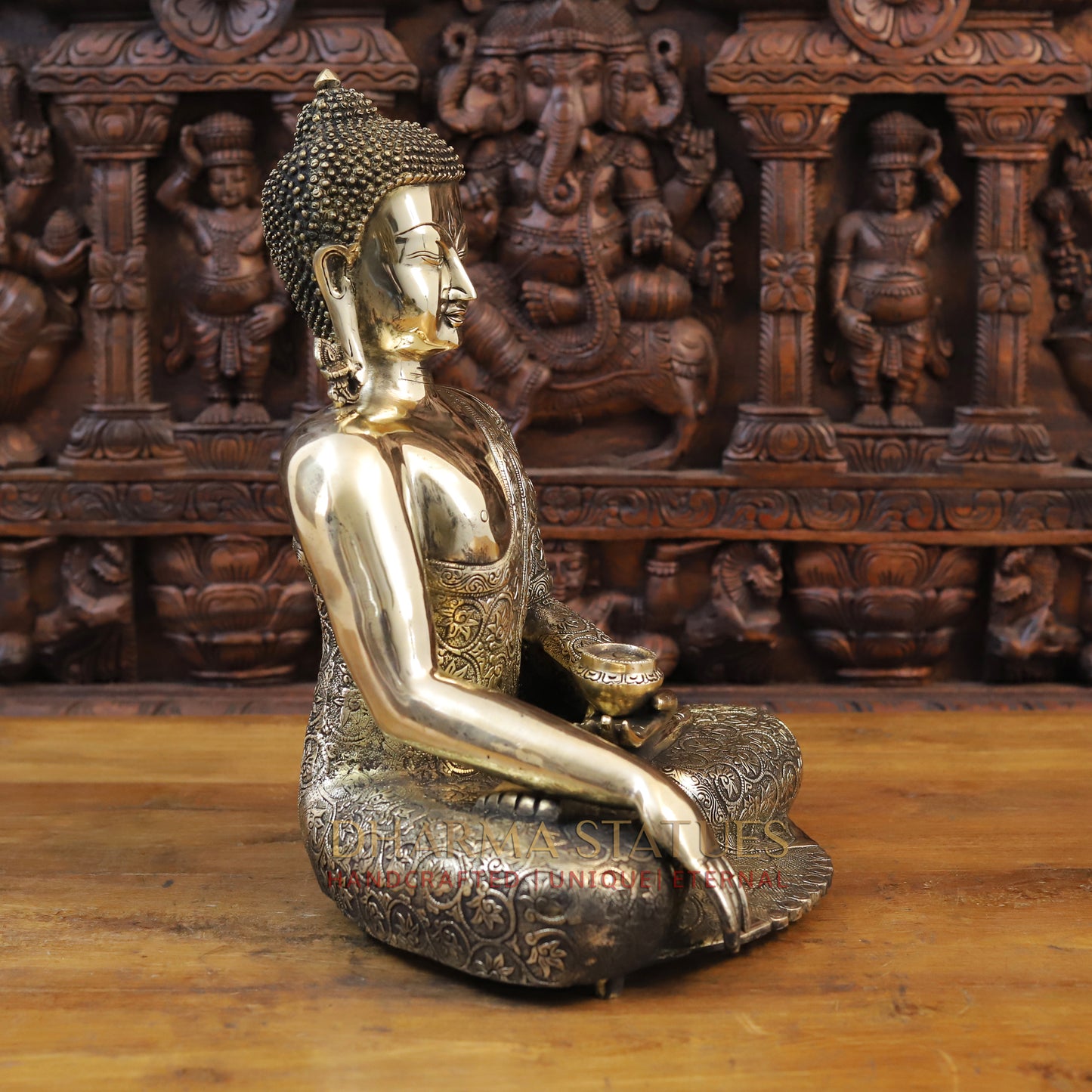 Brass Kundal Buddha Statue, Fine Golden Finish 17.5"