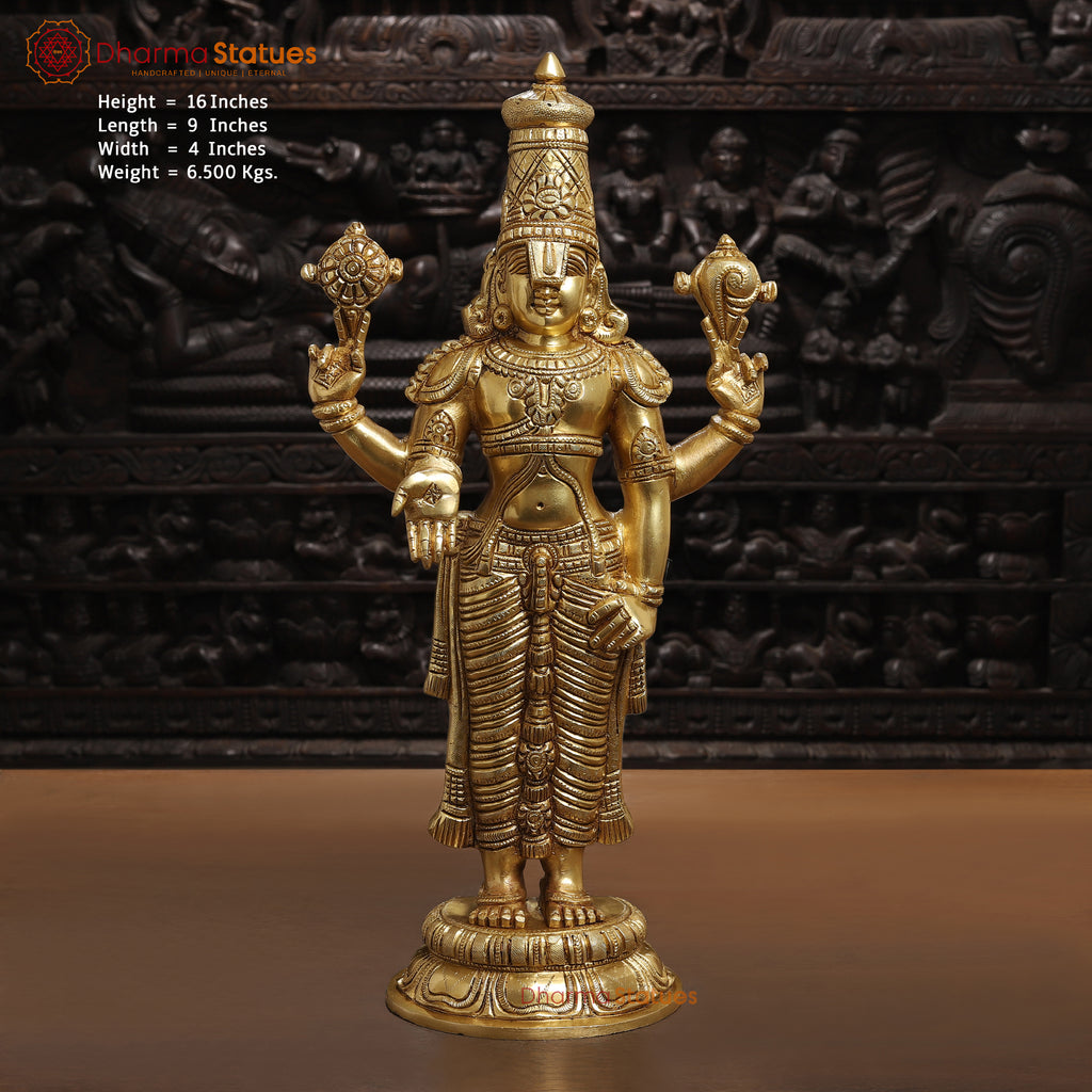 Brass Tirupati Balaji Head. This Venkateshwar Idol is Crafted with lot of Hardwork. 16" Front View