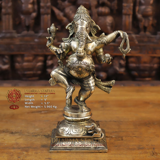 Brass Dancing Ganesh With Rat, Fine Gold Finish, 13"