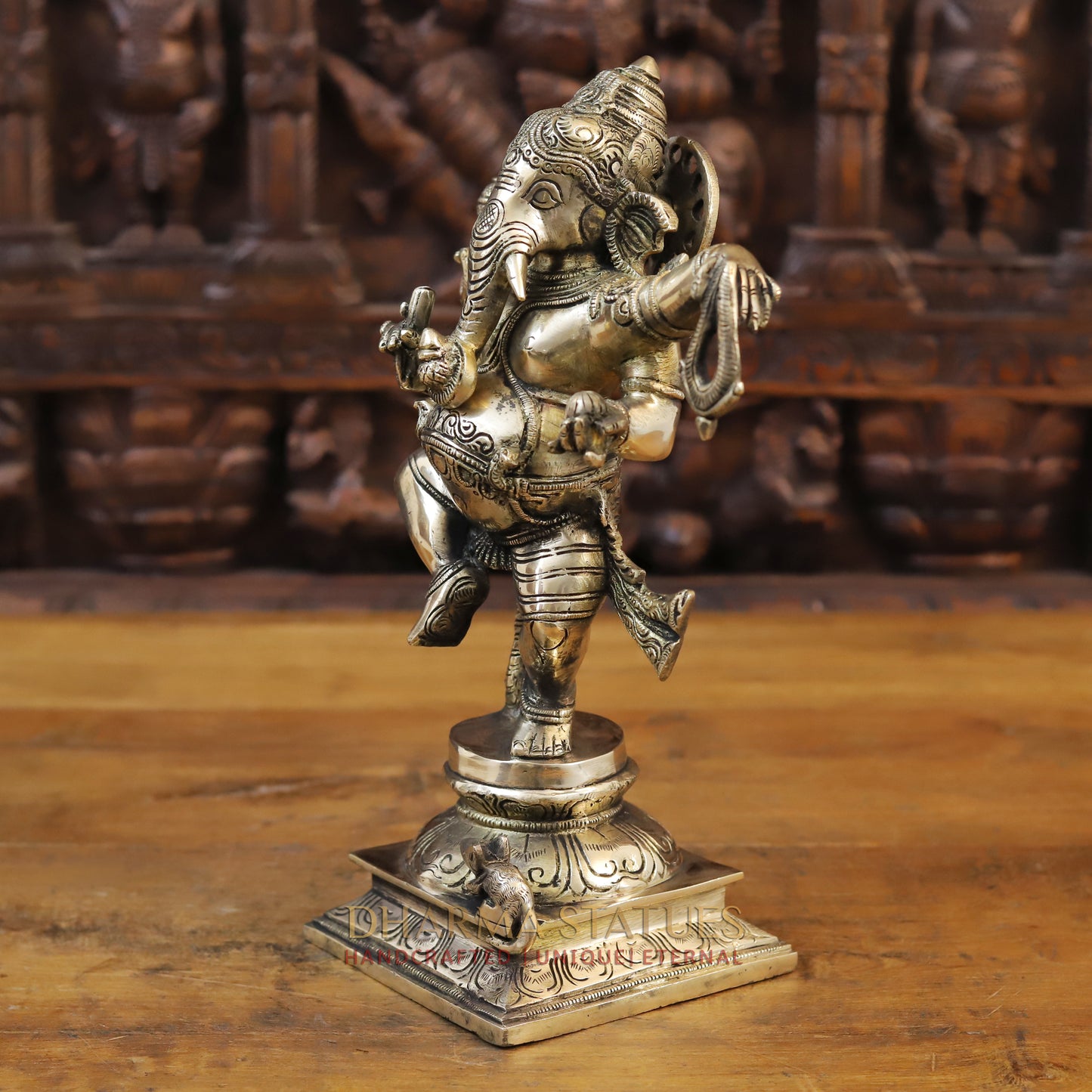 Brass Dancing Ganesh With Rat, Fine Gold Finish, 13"