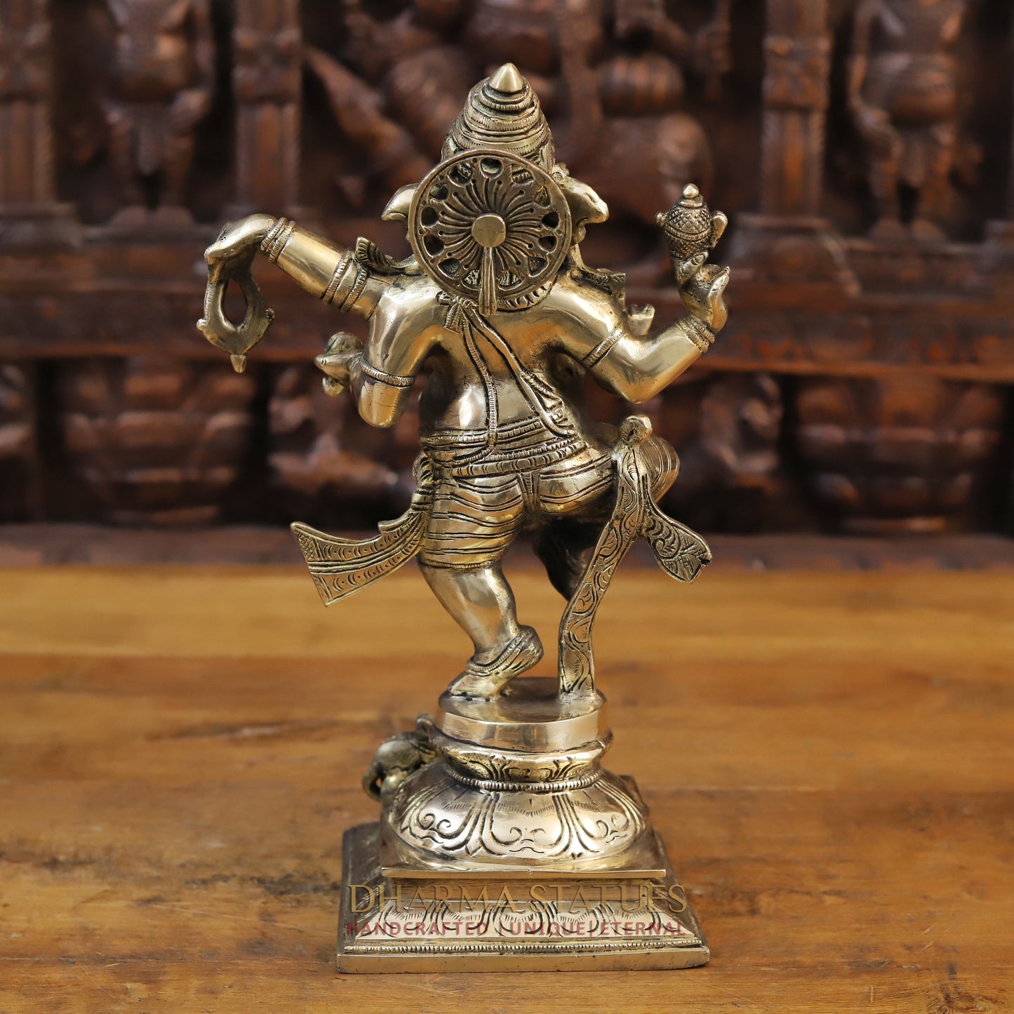 Brass Dancing Ganesh With Rat, Fine Gold Finish, 13"