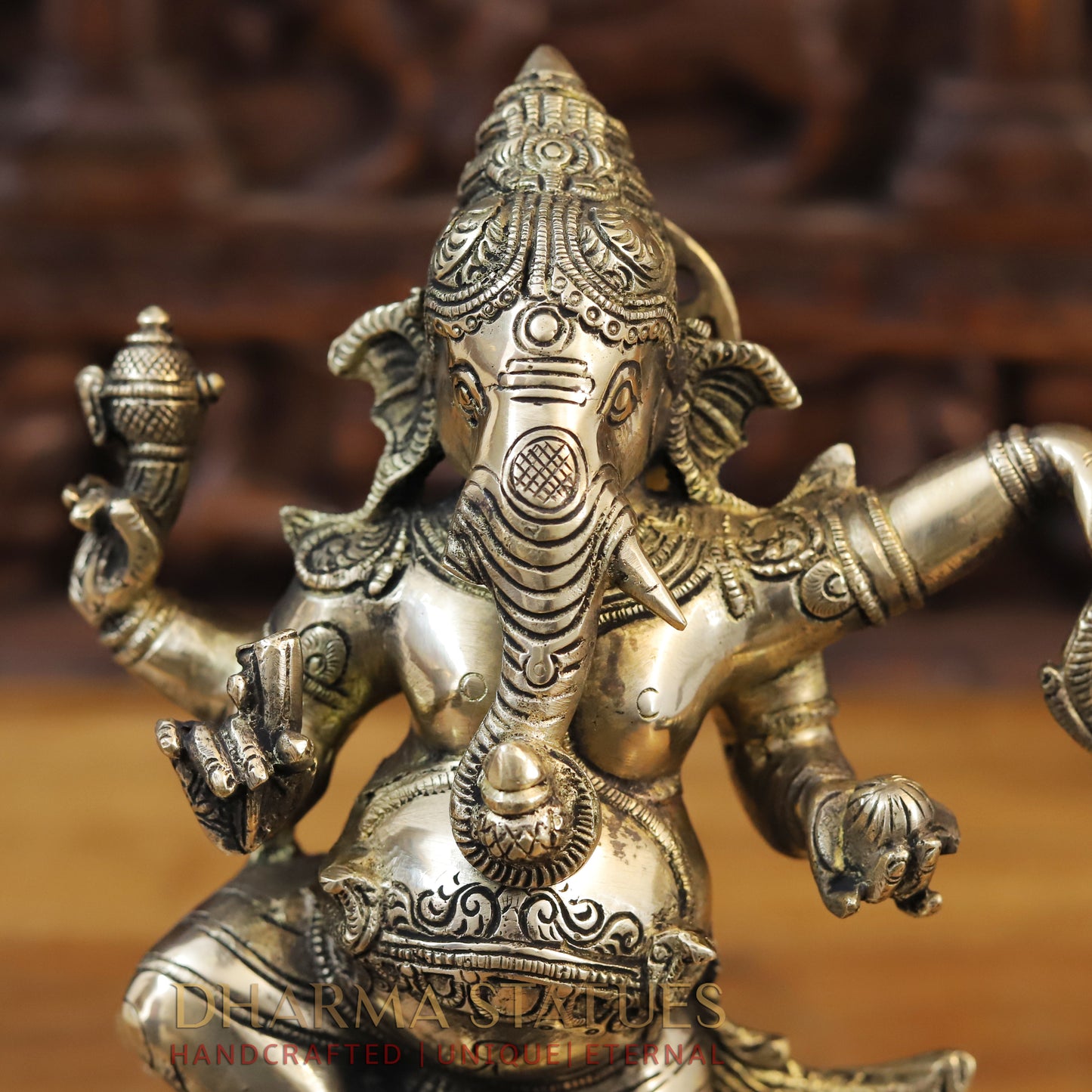 Brass Dancing Ganesh With Rat, Fine Gold Finish, 13"