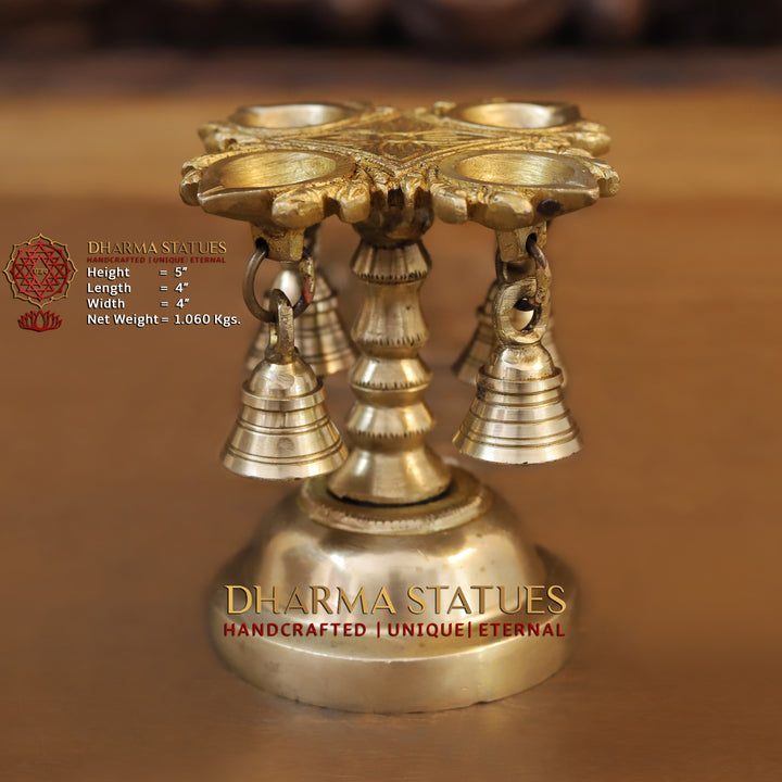 Brass Diya, Four Diya With Bells, Fine golden finish 5"