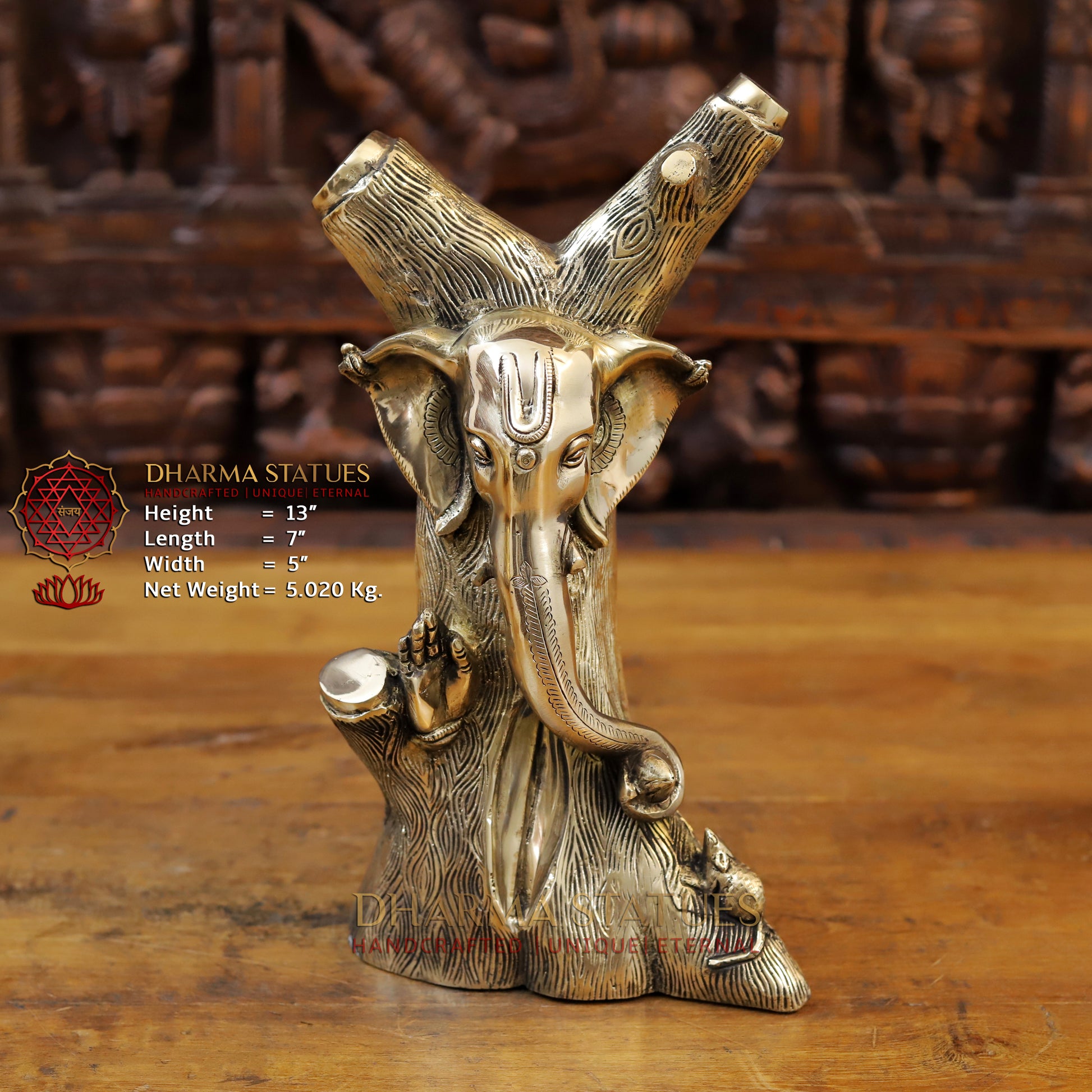 Brass Ganesh Statues Carved in Tree with Rat, Fine Gold Finish, 13" Front View